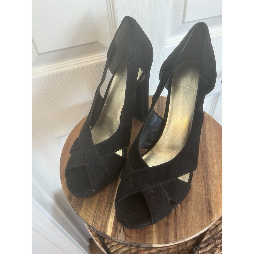 VINTAGE NINE WEST BLACK SUEDE "FATIOR"  BLOCK HIGH HEELS PUMPS  SIZE 11M